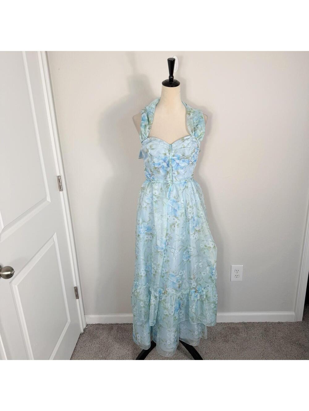 Vintage 70s Chiffon Blue Floral Maxi Dress Prom Shoulder Strap Feminine Dainty